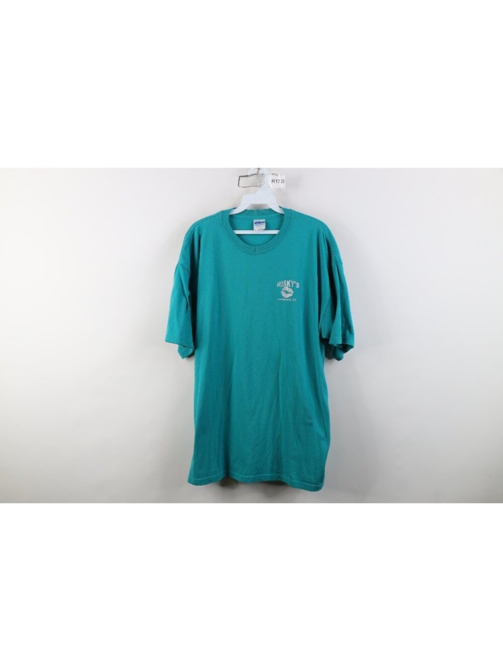 Vtg Y2K Mens XL Riskys Motorcycle Bar Iowa Fire Flames Short Sleeve T-Shirt Teal